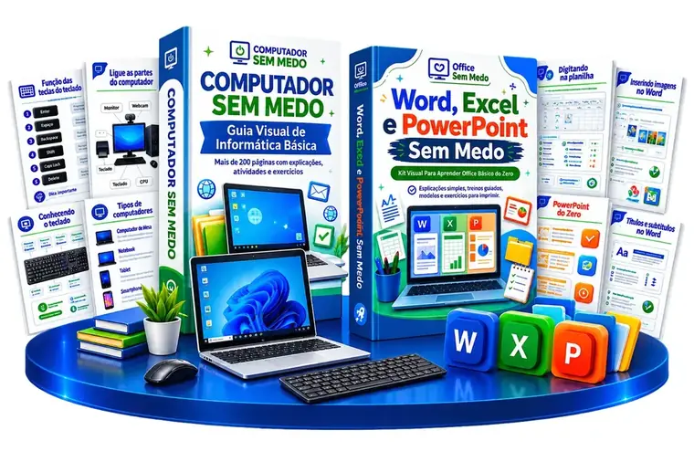 Mockup do kit Computador Sem Medo + Office Sem Medo — Guias Visuais de Informática e Office Básico